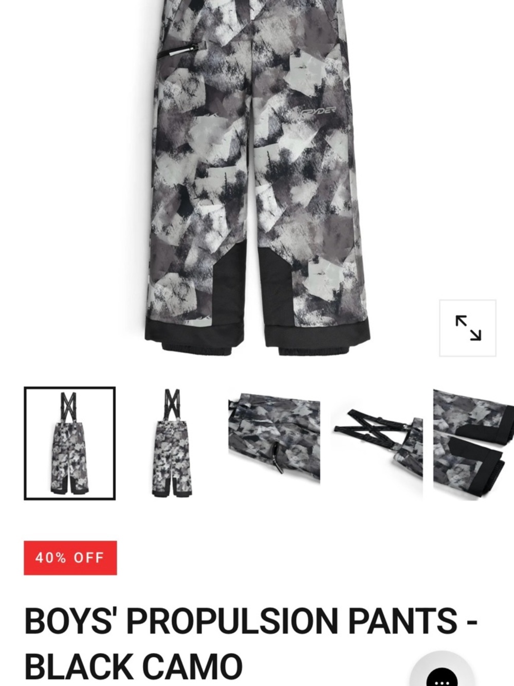 Spyder Boys' Propulsion Ski Bib Size 12 Camo